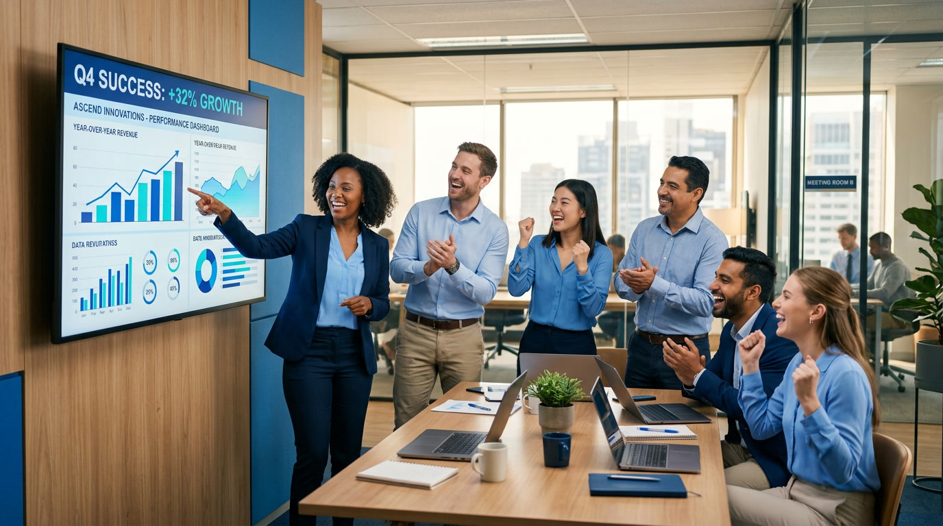 Small business team celebrating success with AI phone answering service