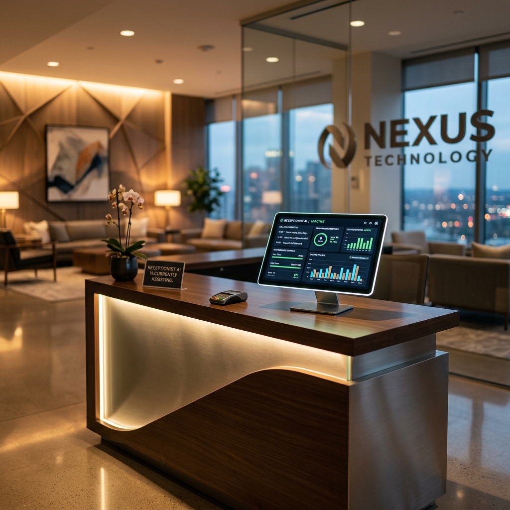A sleek, modern corporate reception desk featuring a glowing AI data dashboard representing an AI receptionist