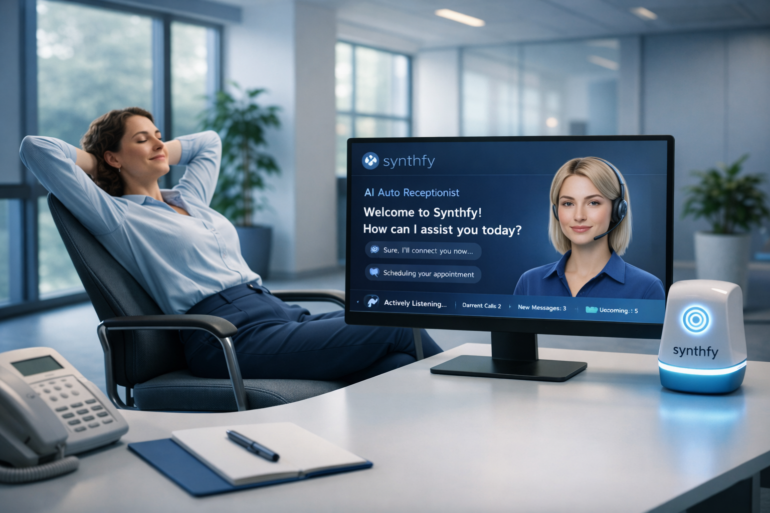Business owner relaxed at her desk with a laptop while Synthfy AI handles every call