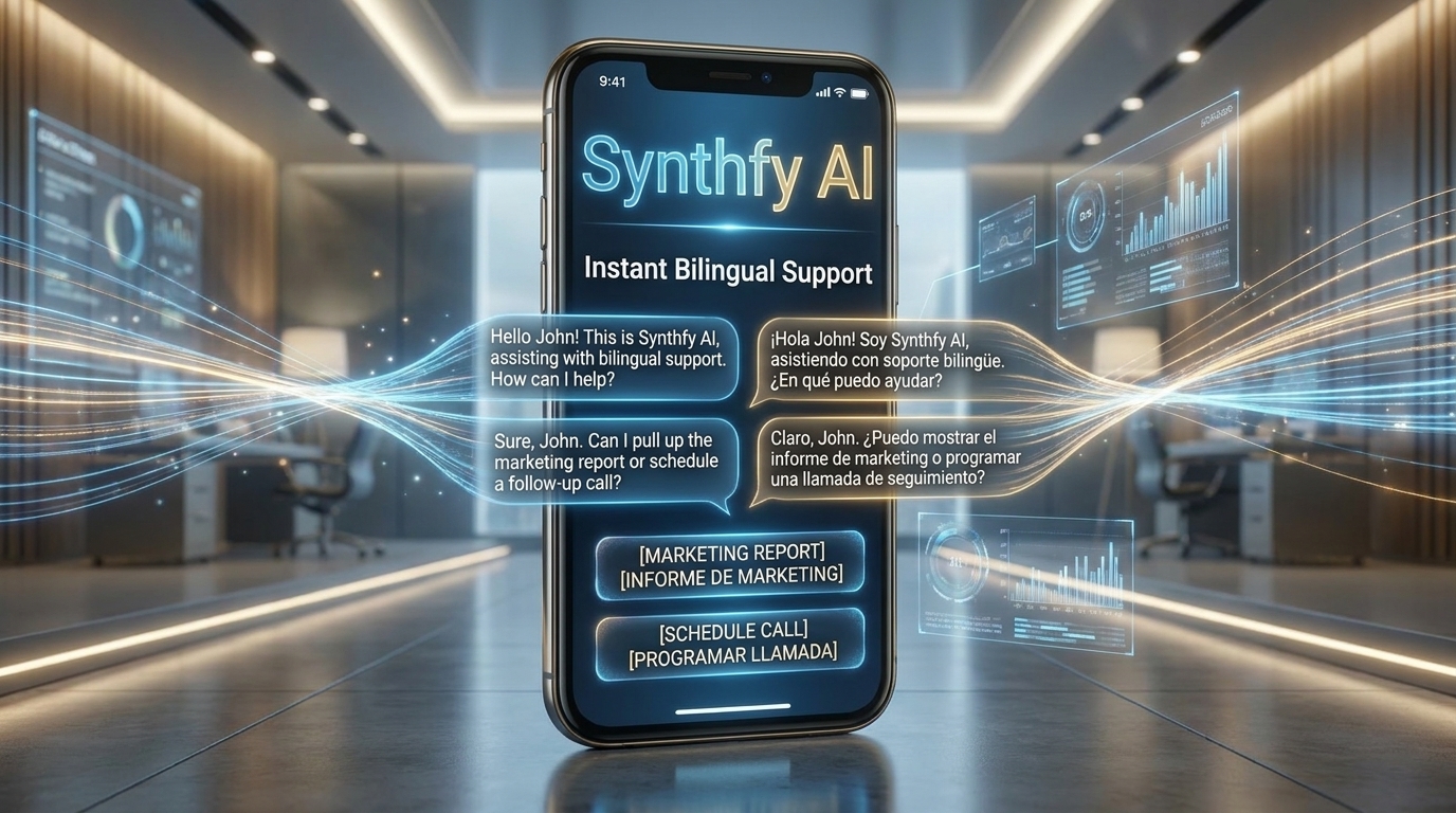 Synthfy AI bilingual receptionist app showing real-time Spanish and English conversation support on a smartphone — instant bilingual virtual receptionist for small business owners
