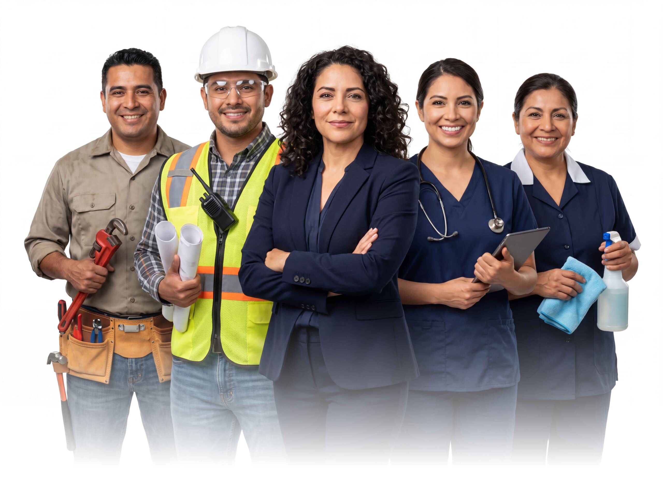 Hispanic professionals including plumber, nurse, construction worker, business executive, and cleaning professional using a Spanish AI receptionist service
